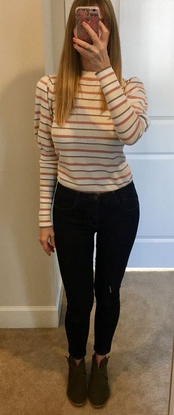 SEE BY CHLOÉ Cream Pink Striped Puff Sleeves Crewneck Sweater Size Medium